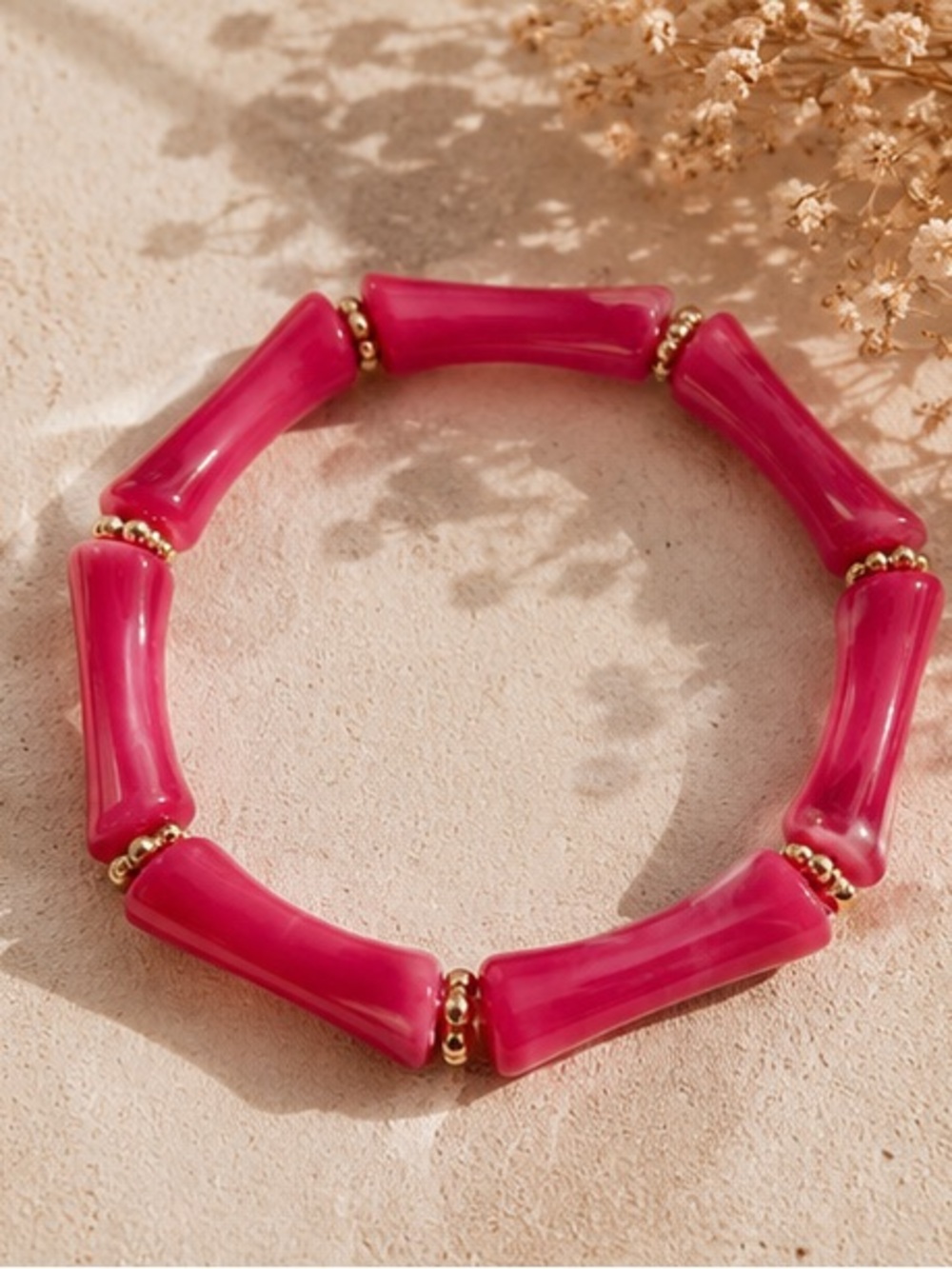 💗 Dragonfruit Bamboo Tube Stretch Bracelet Gold Accent Statement Bracelet